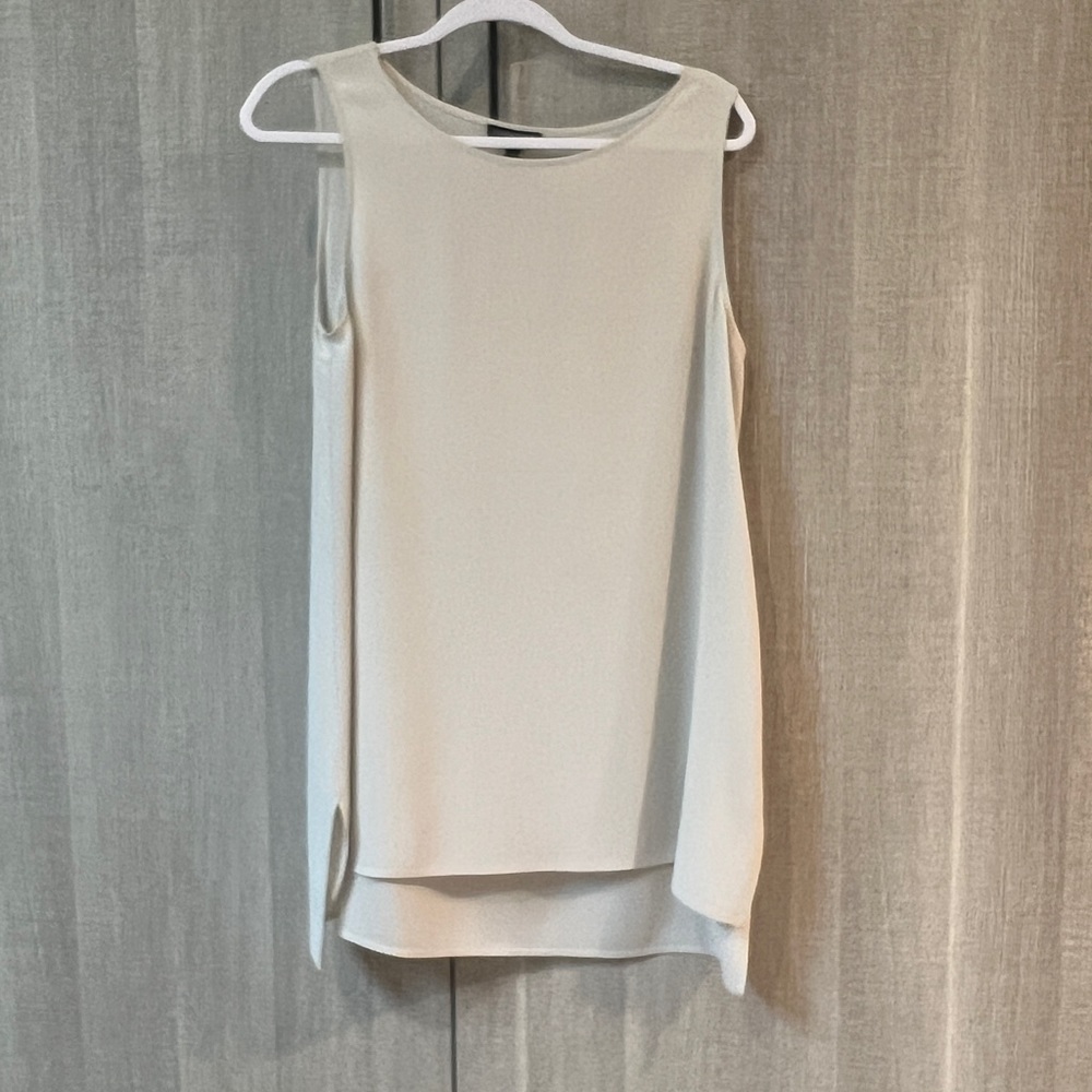 Eileen Fisher ballet neck tank, long lines and side slits. Silk Georgette Crepe